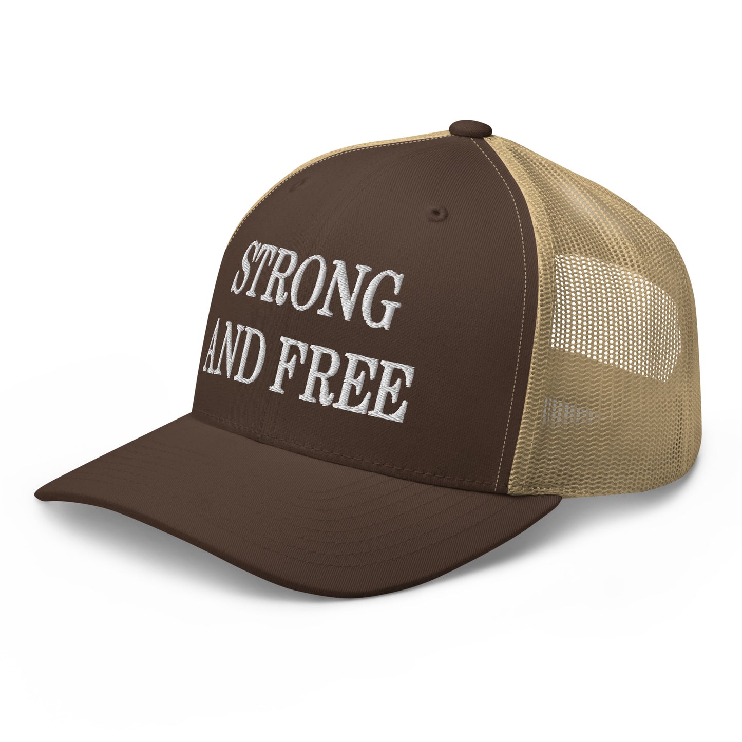 Strong and Free Embroidered Mesh Trucker Hat Brown Khaki