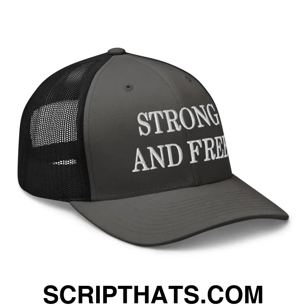 Strong and Free Embroidered Mesh Trucker Hat Charcoal Black