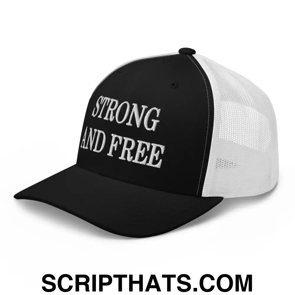 Strong and Free Embroidered Mesh Trucker Hat Black White