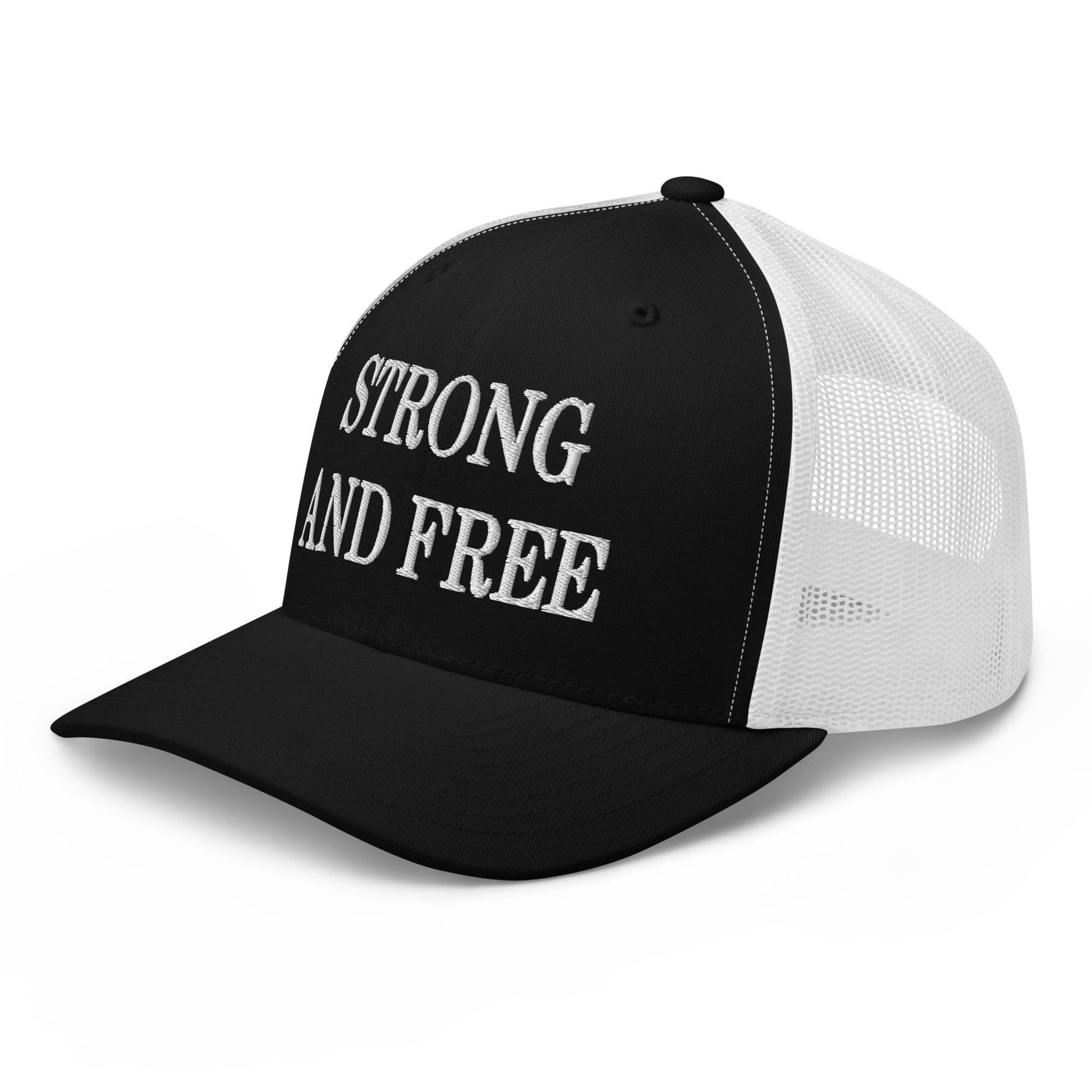 Strong and Free Embroidered Mesh Trucker Hat Black White