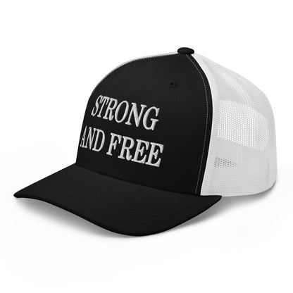 Strong and Free Embroidered Mesh Trucker Hat Black White