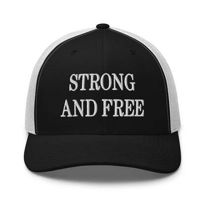 Strong and Free Embroidered Mesh Trucker Hat Black White