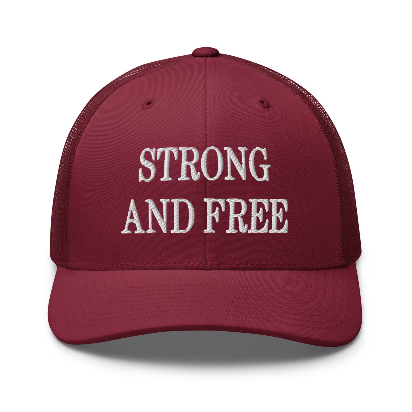 Strong and Free Embroidered Mesh Trucker Hat Cranberry