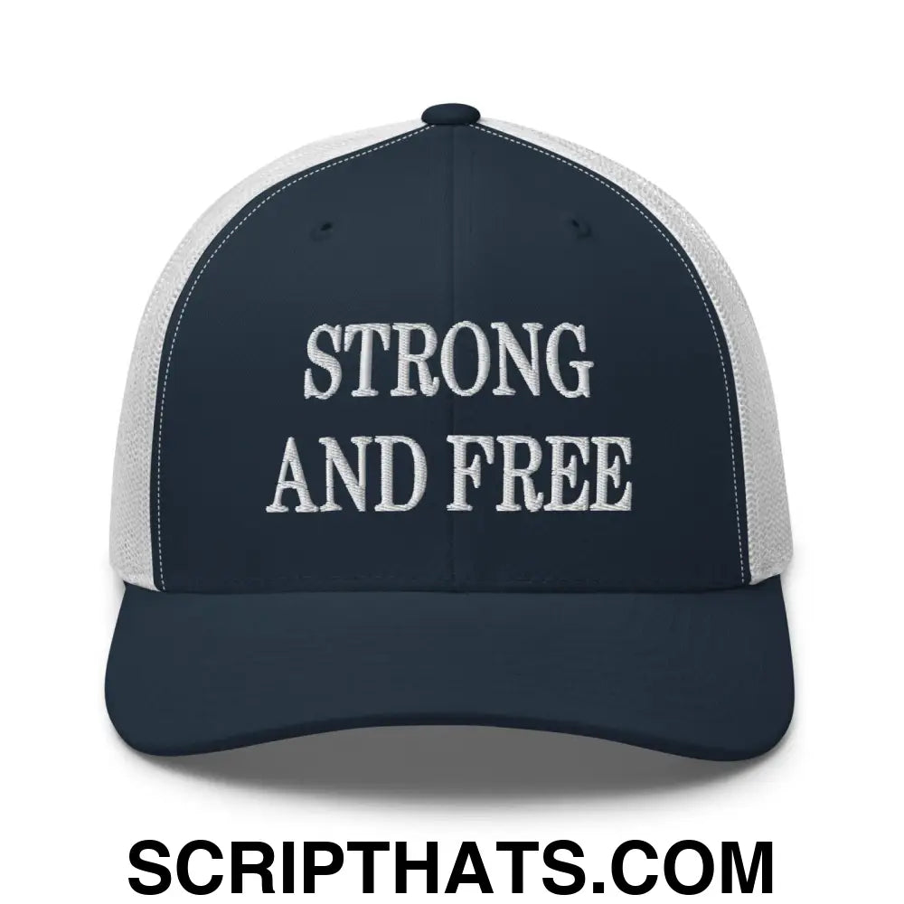 Strong and Free Embroidered Mesh Trucker Hat Navy White