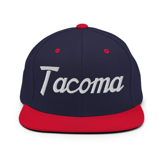 Tacoma Script Snapback Hat Navy Red