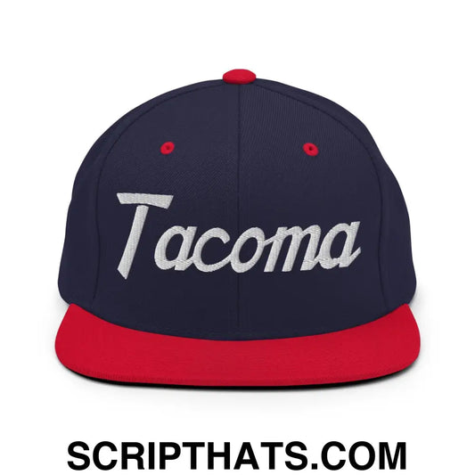 Tacoma Script Snapback Hat Navy Red