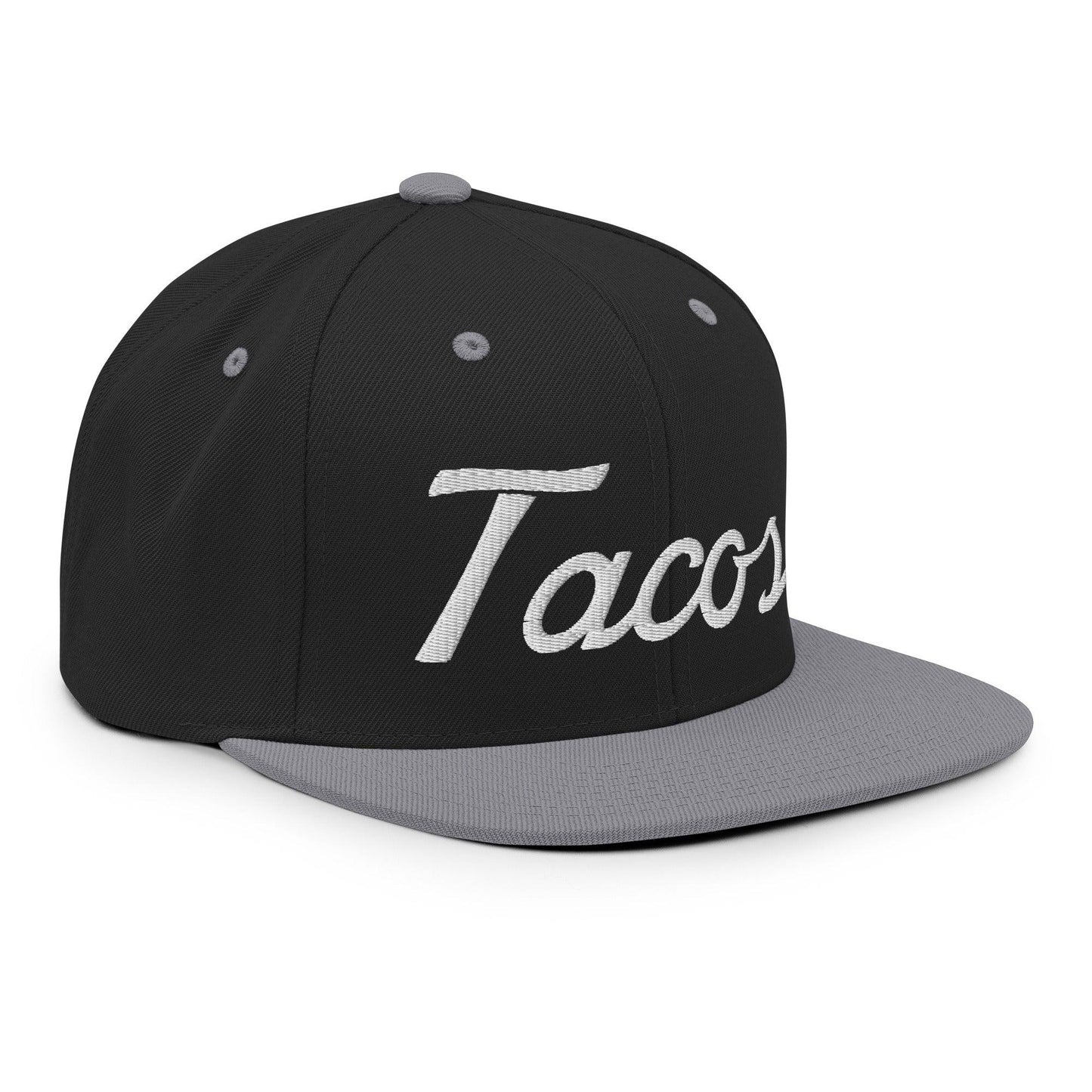 Tacos II Vintage Sports Script Snapback Hat Black Silver