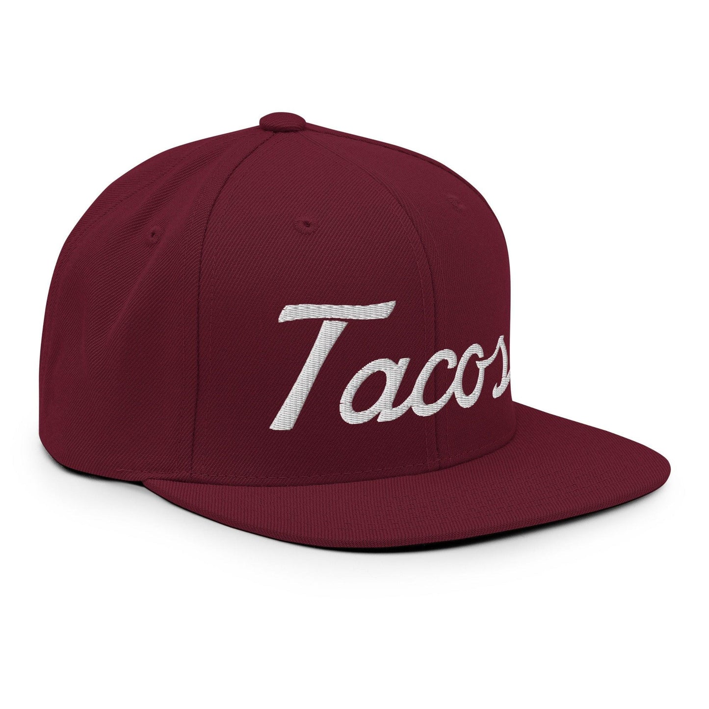 Tacos II Vintage Sports Script Snapback Hat Maroon