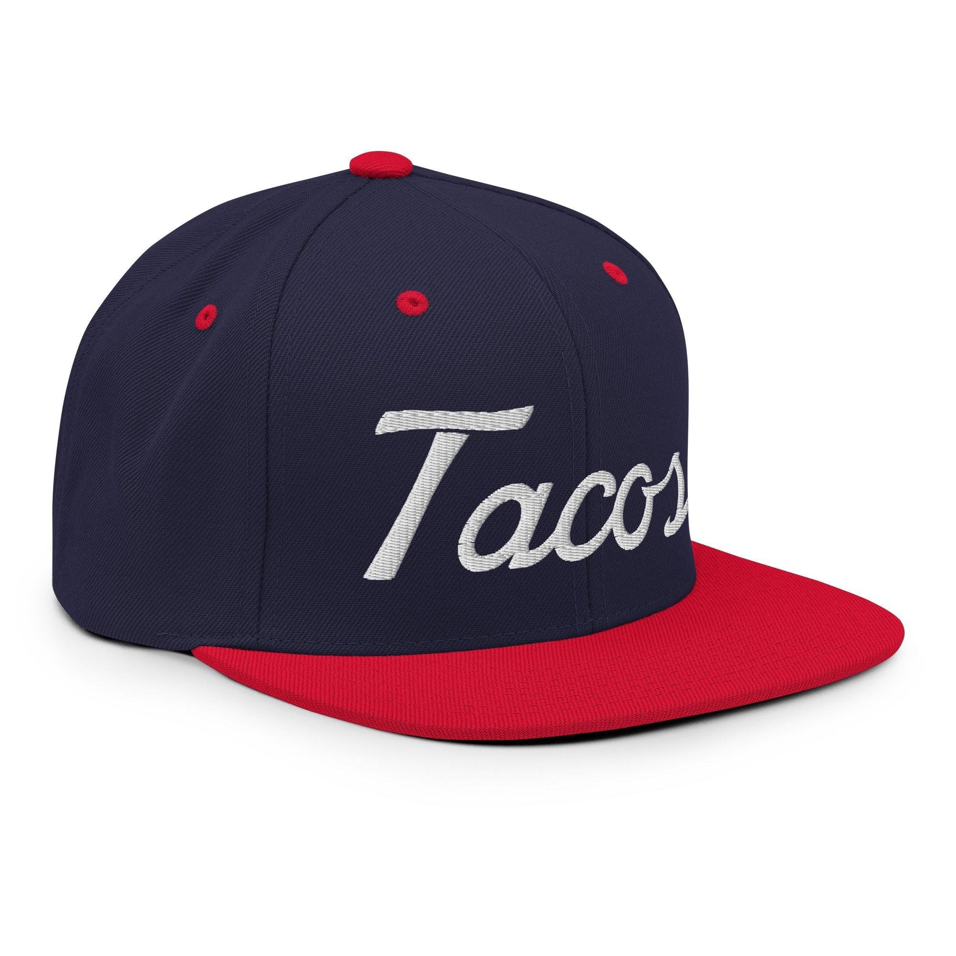 Tacos II Vintage Sports Script Snapback Hat Navy Red