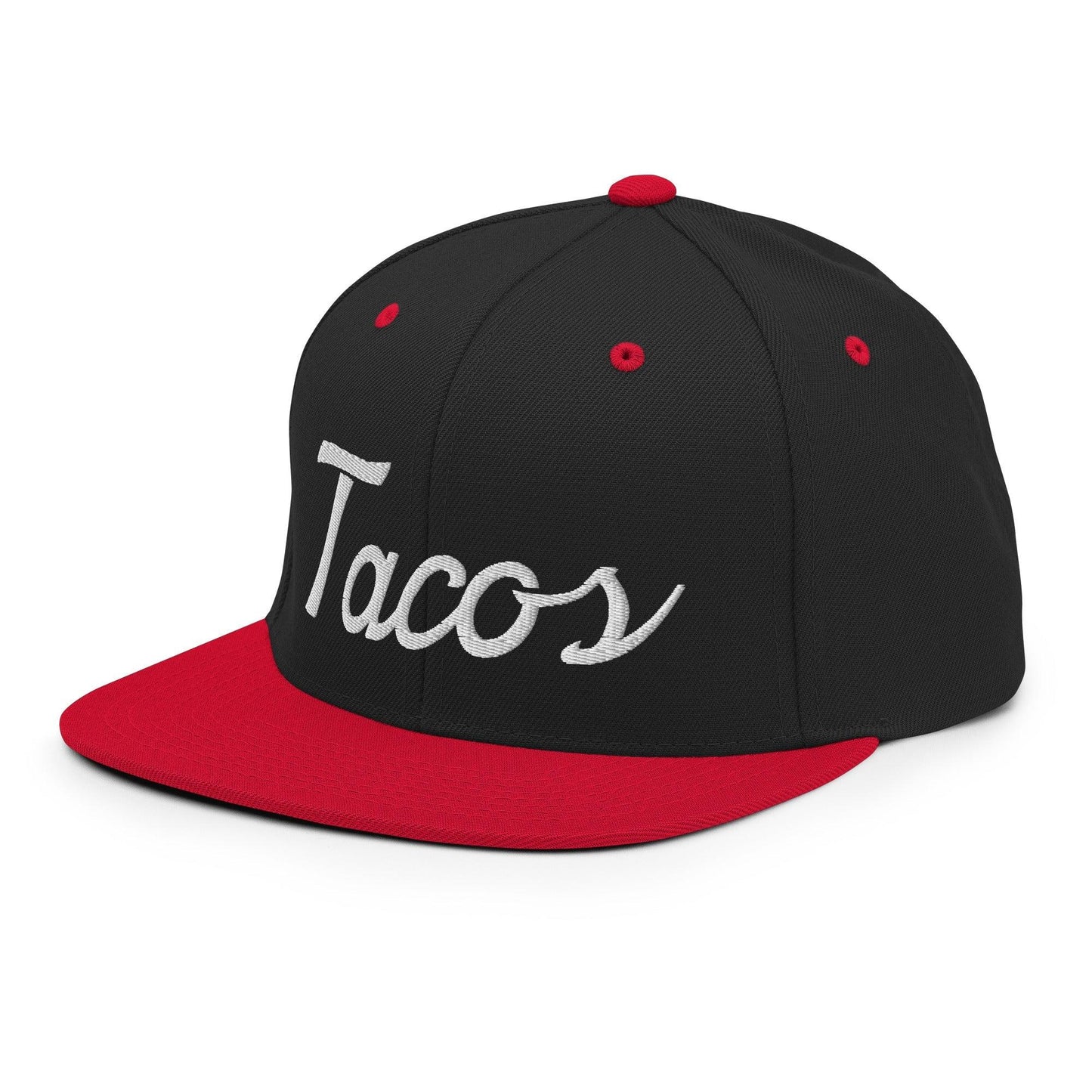 Tacos II Vintage Sports Script Snapback Hat Black Red