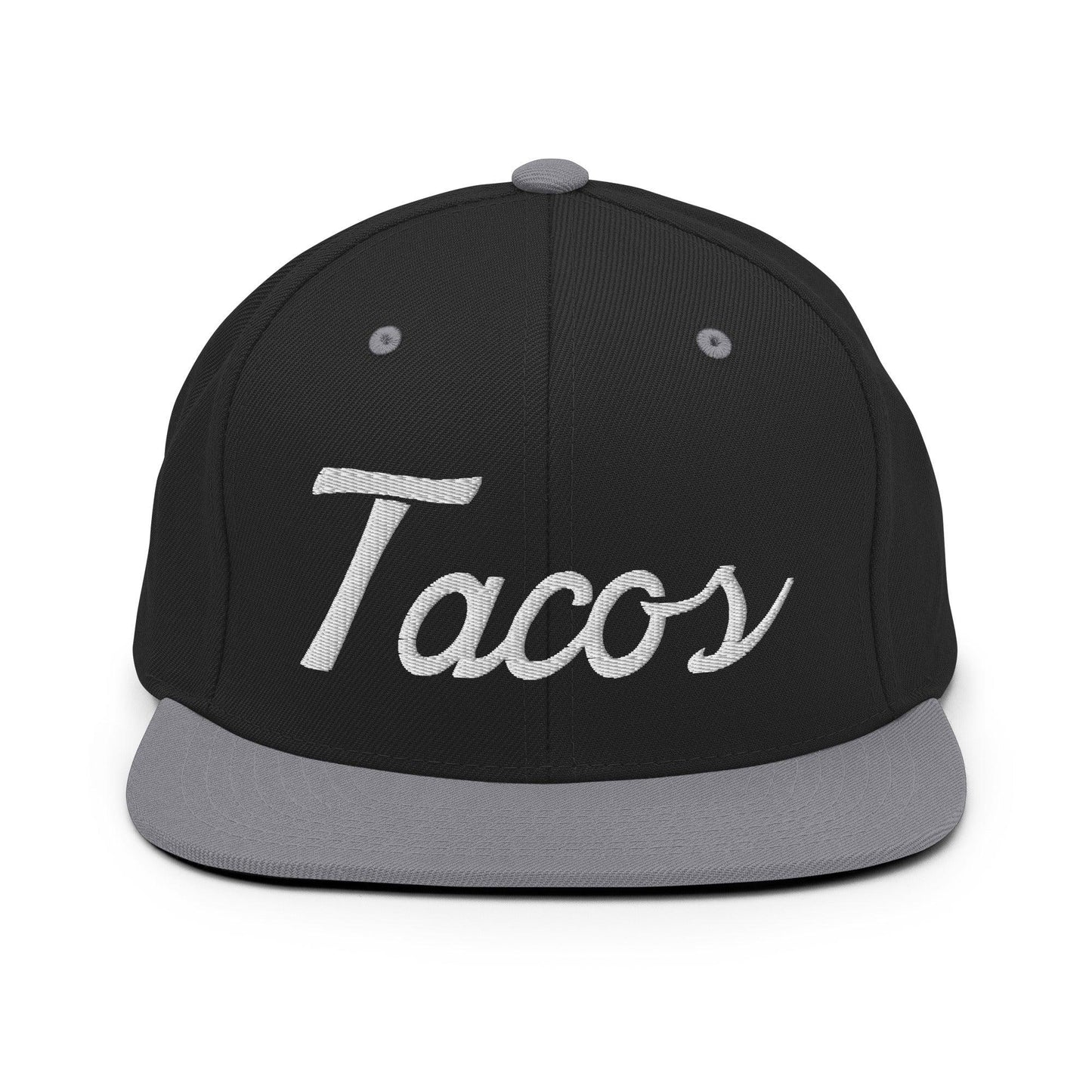 Tacos II Vintage Sports Script Snapback Hat Black Silver