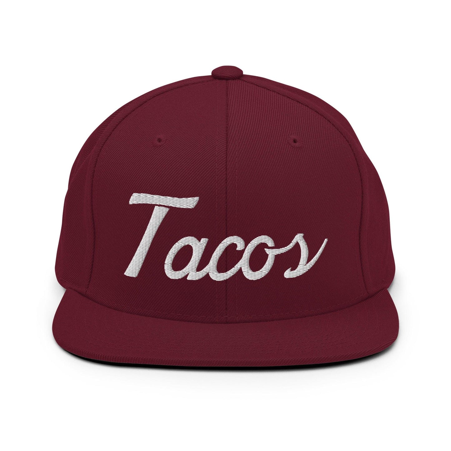 Tacos II Vintage Sports Script Snapback Hat Maroon