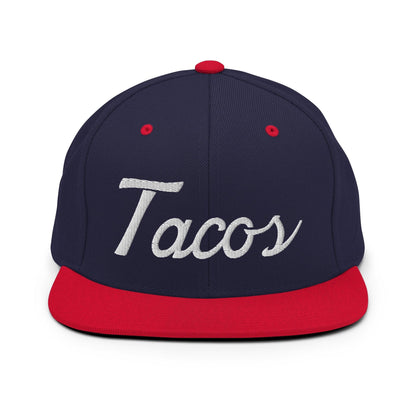 Tacos II Vintage Sports Script Snapback Hat Navy Red