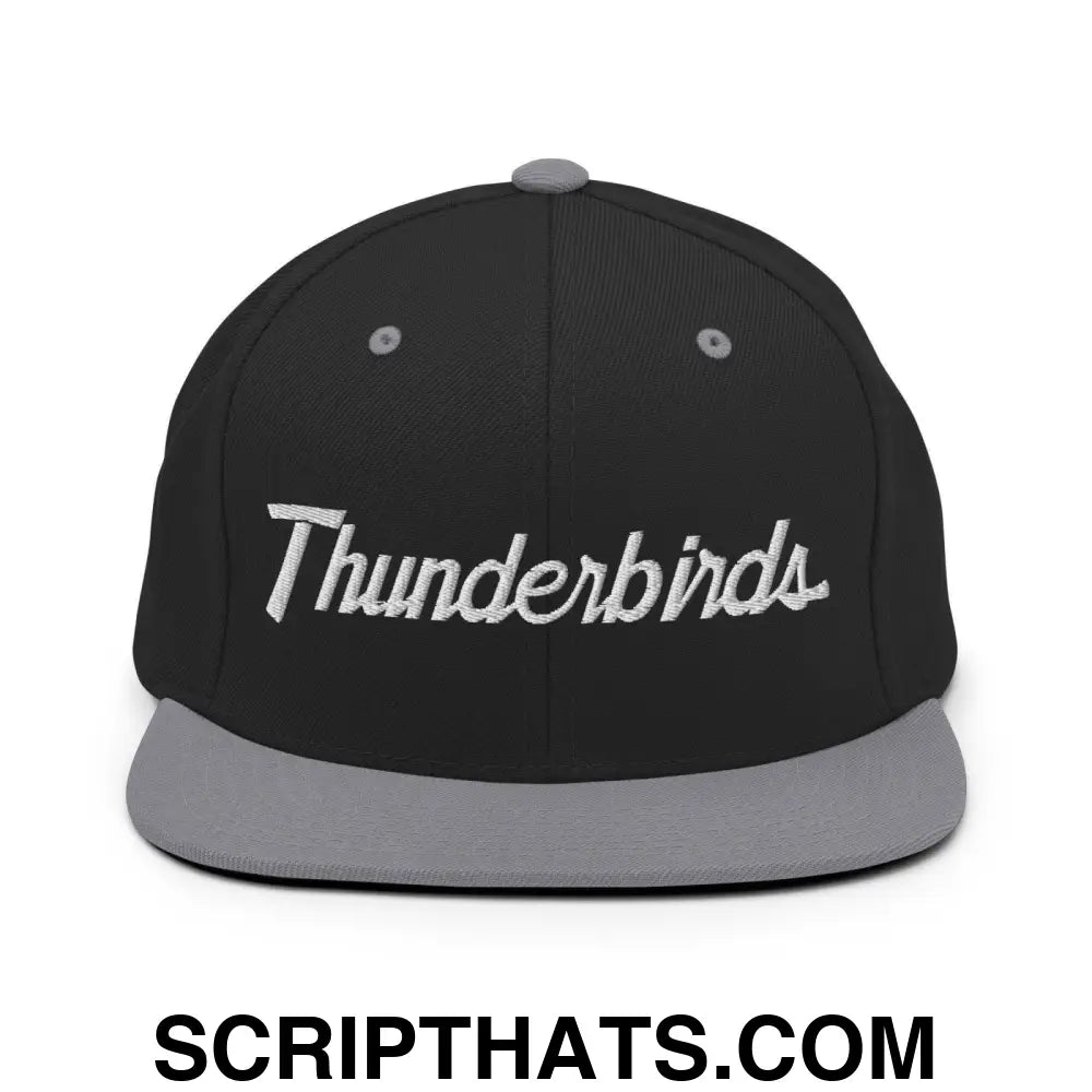 Thunderbirds School Mascot Script Snapback Hat Black Silver