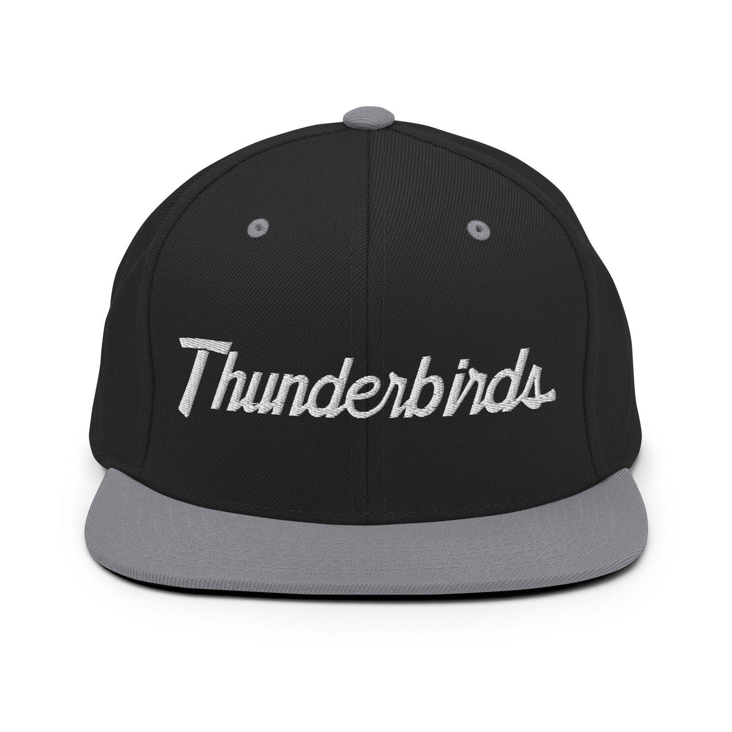 Thunderbirds School Mascot Script Snapback Hat Black Silver