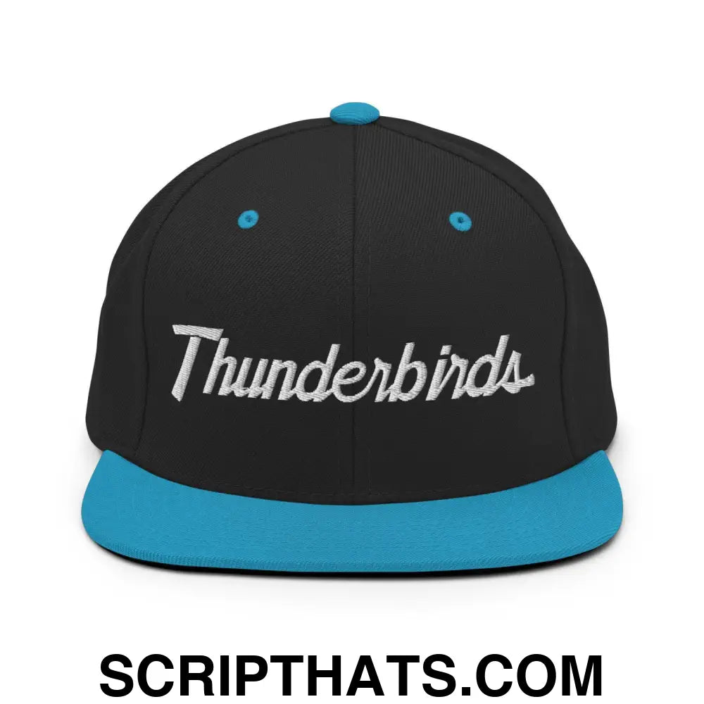 Thunderbirds School Mascot Script Snapback Hat Black Teal