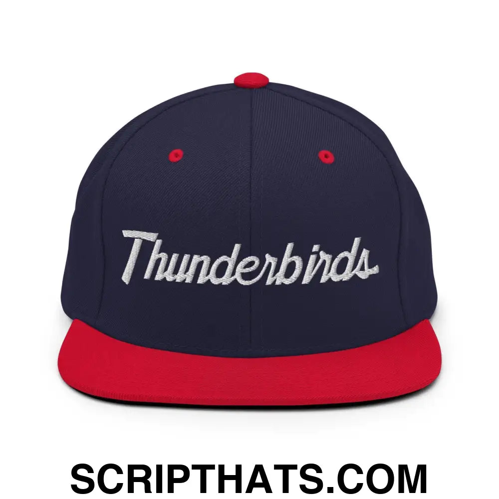 Thunderbirds School Mascot Script Snapback Hat Navy Red