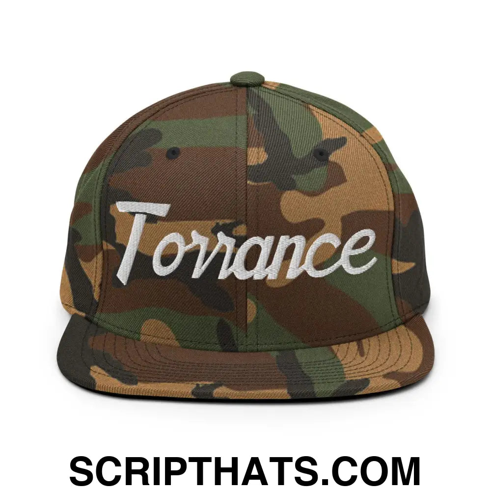 Torrance Script Snapback Hat Green Camo