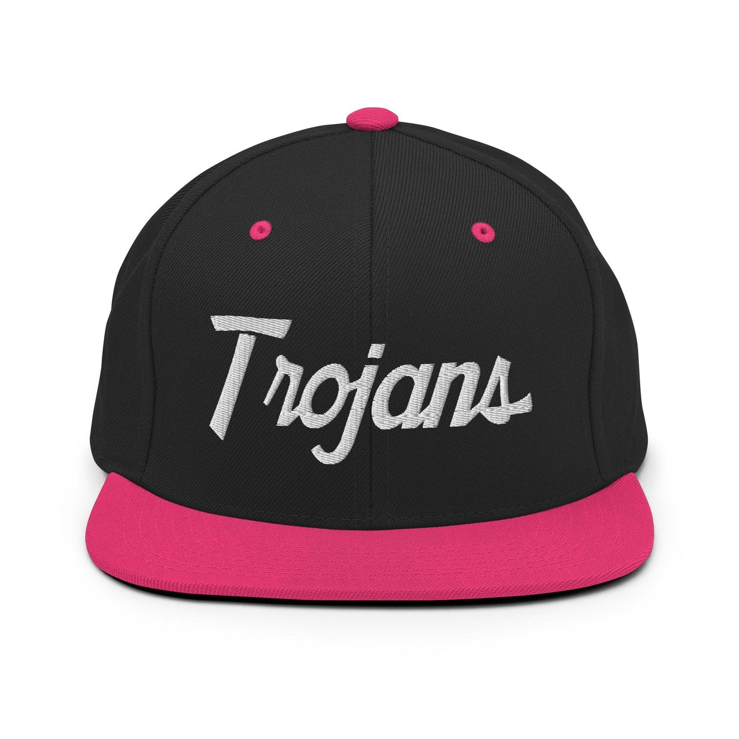 Trojans School Mascot Script Snapback Hat Black Neon Pink