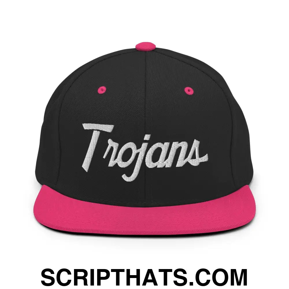 Trojans School Mascot Script Snapback Hat Black Neon Pink