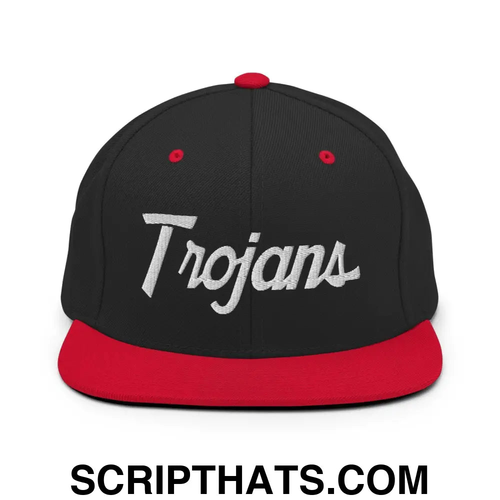 Trojans School Mascot Script Snapback Hat Black Red