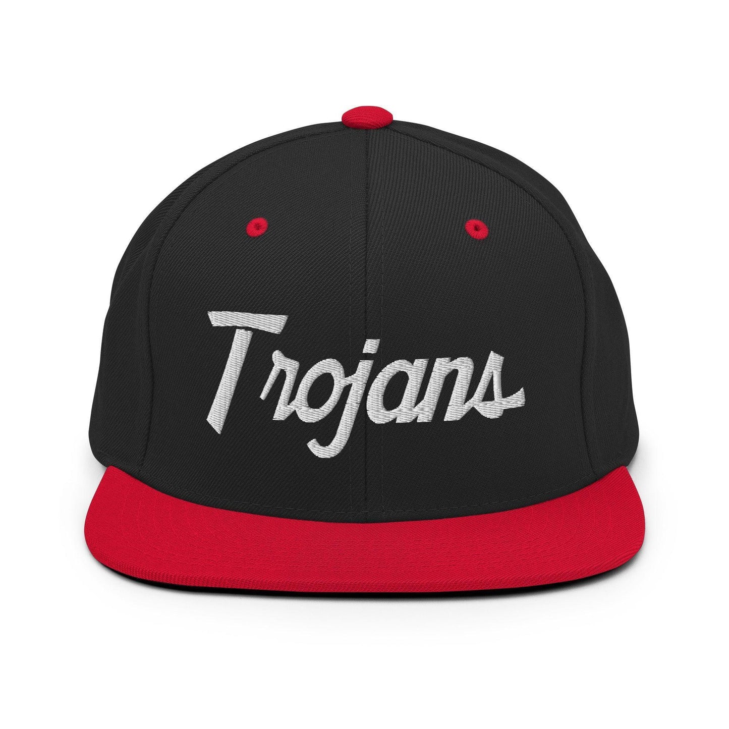 Trojans School Mascot Script Snapback Hat Black Red