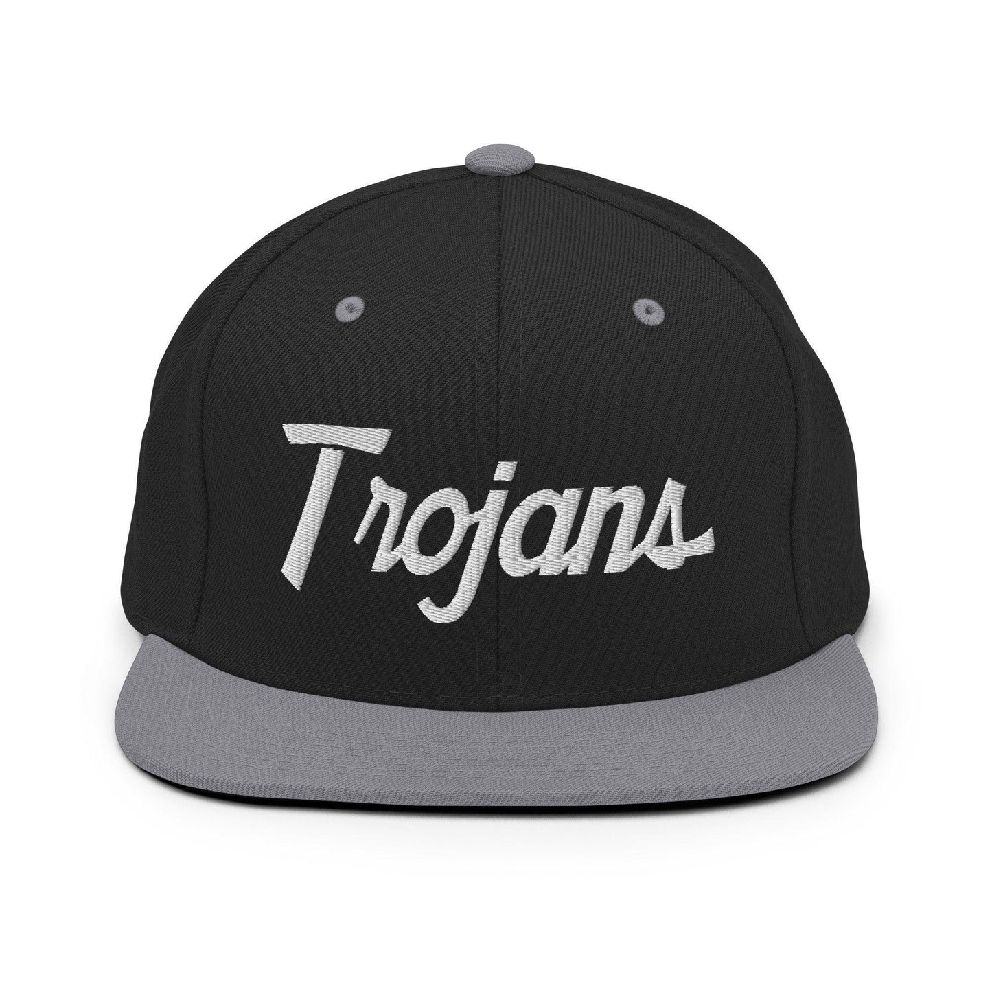 Trojans School Mascot Script Snapback Hat Black Silver