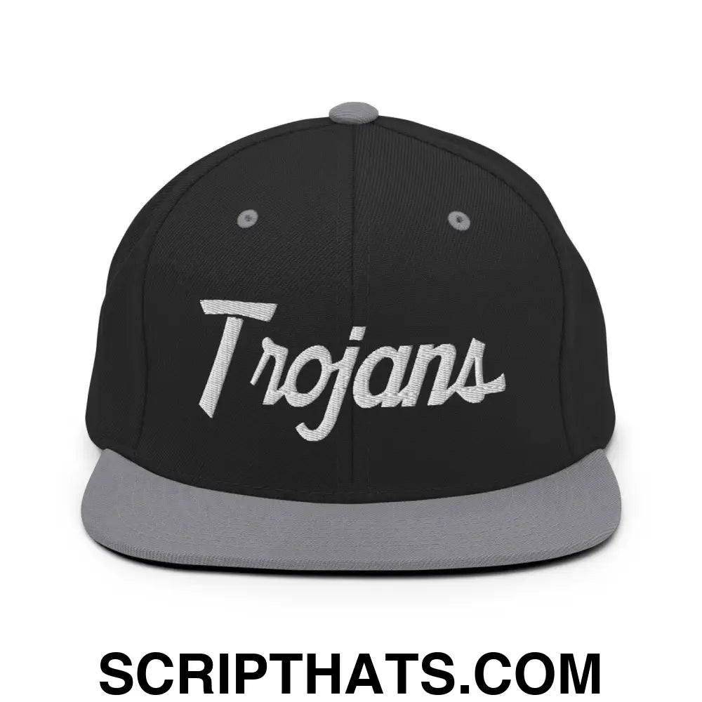 Trojans School Mascot Script Snapback Hat Black Silver