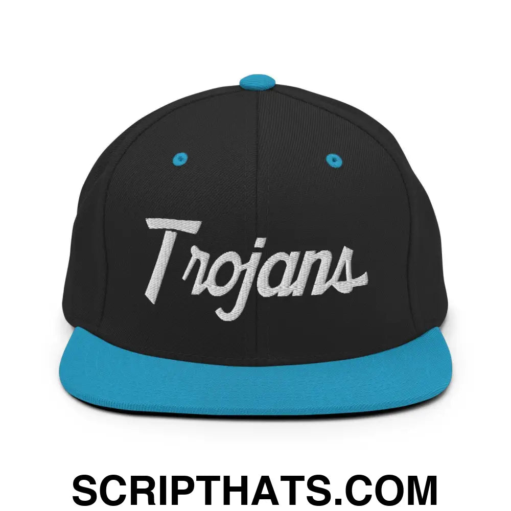 Trojans School Mascot Script Snapback Hat Black Teal