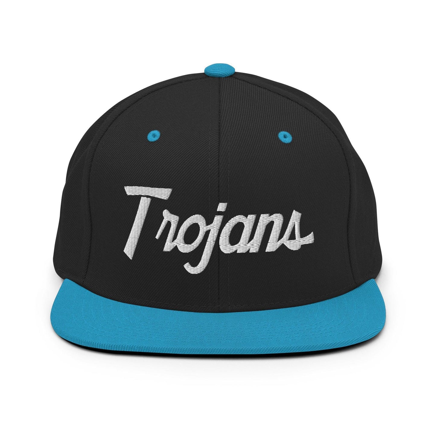 Trojans School Mascot Script Snapback Hat Black Teal