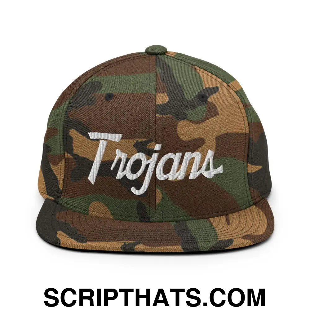 Trojans School Mascot Script Snapback Hat Green Camo