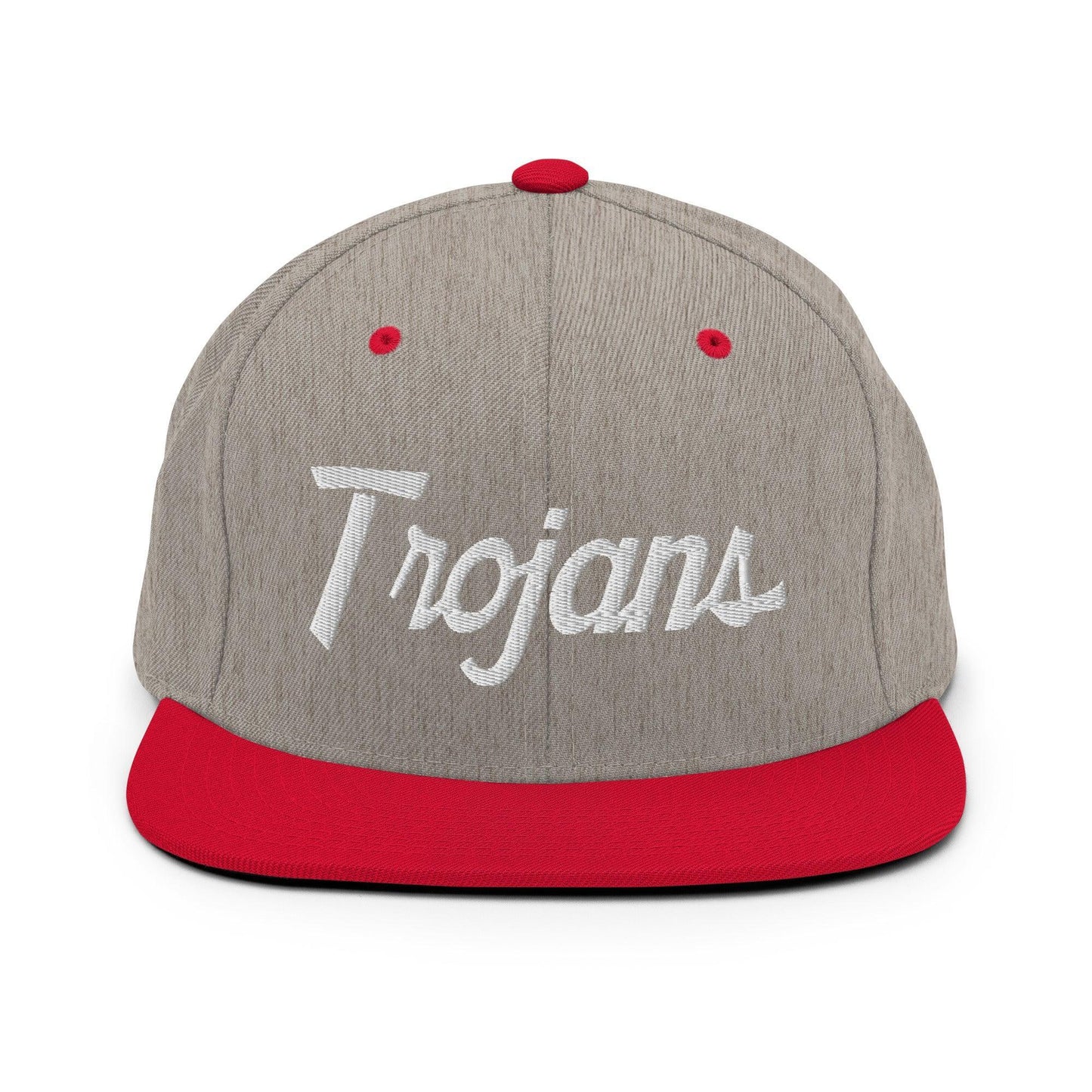 Trojans School Mascot Script Snapback Hat Heather Grey Red