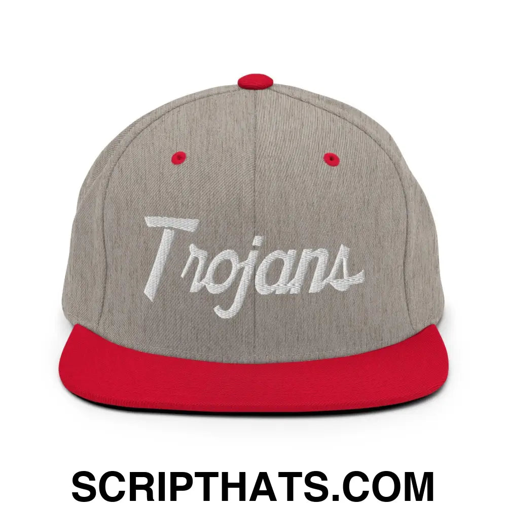 Trojans School Mascot Script Snapback Hat Heather Grey Red