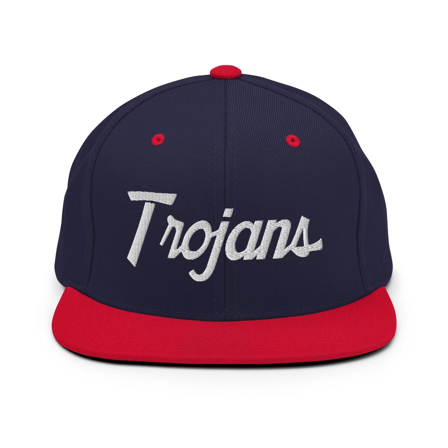 Trojans School Mascot Script Snapback Hat Navy Red