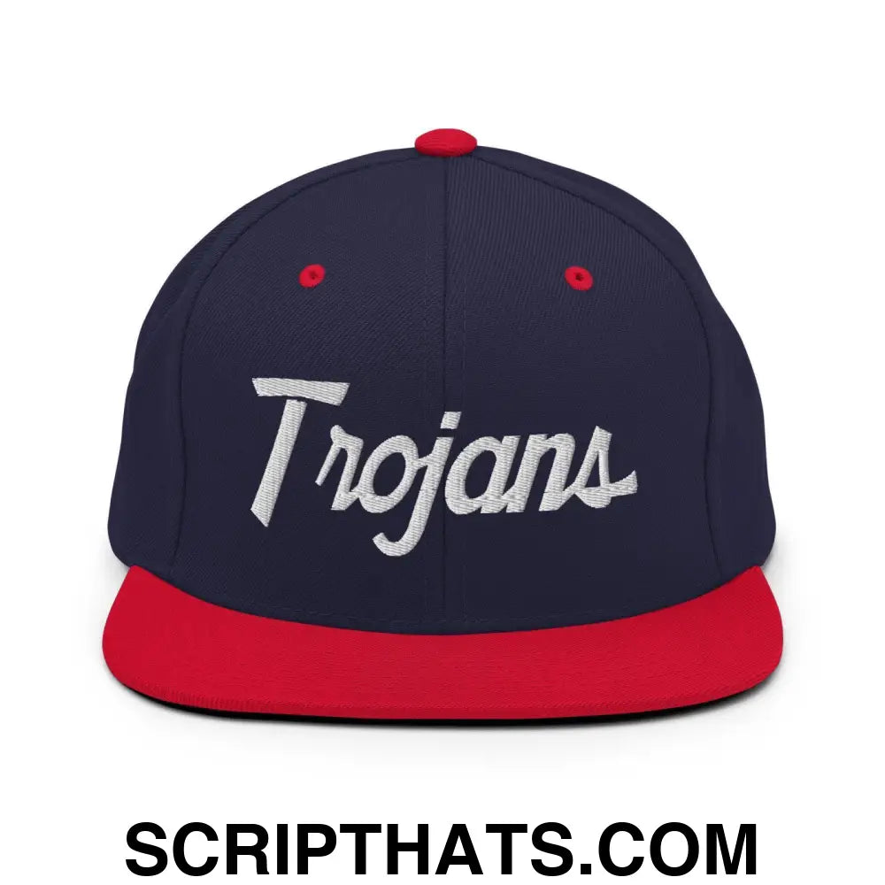 Trojans School Mascot Script Snapback Hat Navy Red