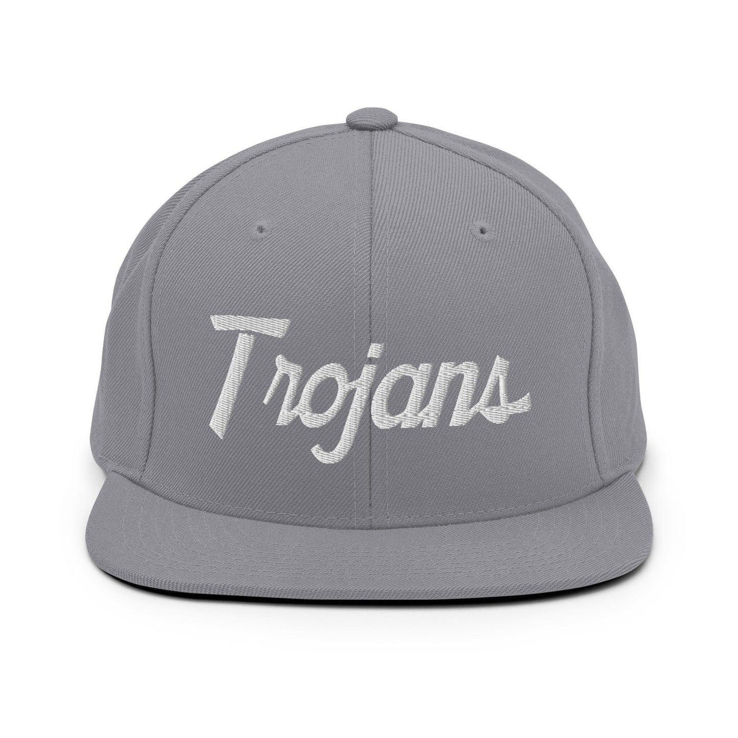 Trojans School Mascot Script Snapback Hat Silver