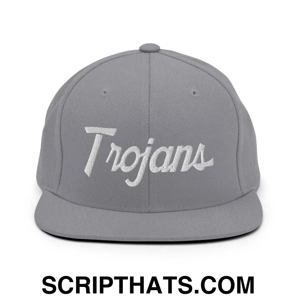 Trojans School Mascot Script Snapback Hat Silver