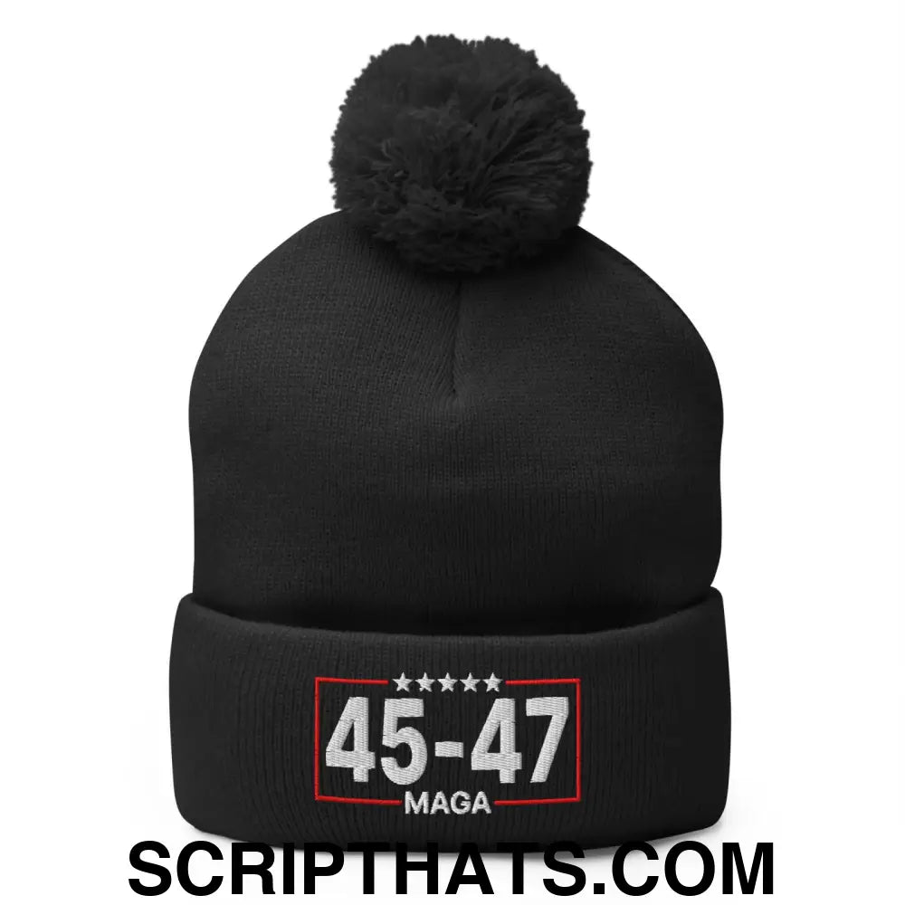 Trump 45-47 MAGA Embroidered Knit Pom Pom Beanie Black