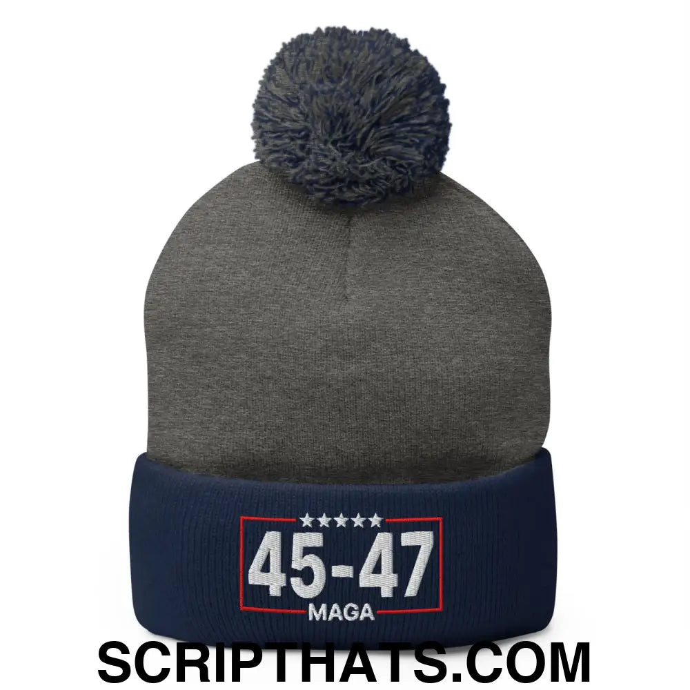 Trump 45-47 MAGA Embroidered Knit Pom Pom Beanie Dark Heather Grey Navy