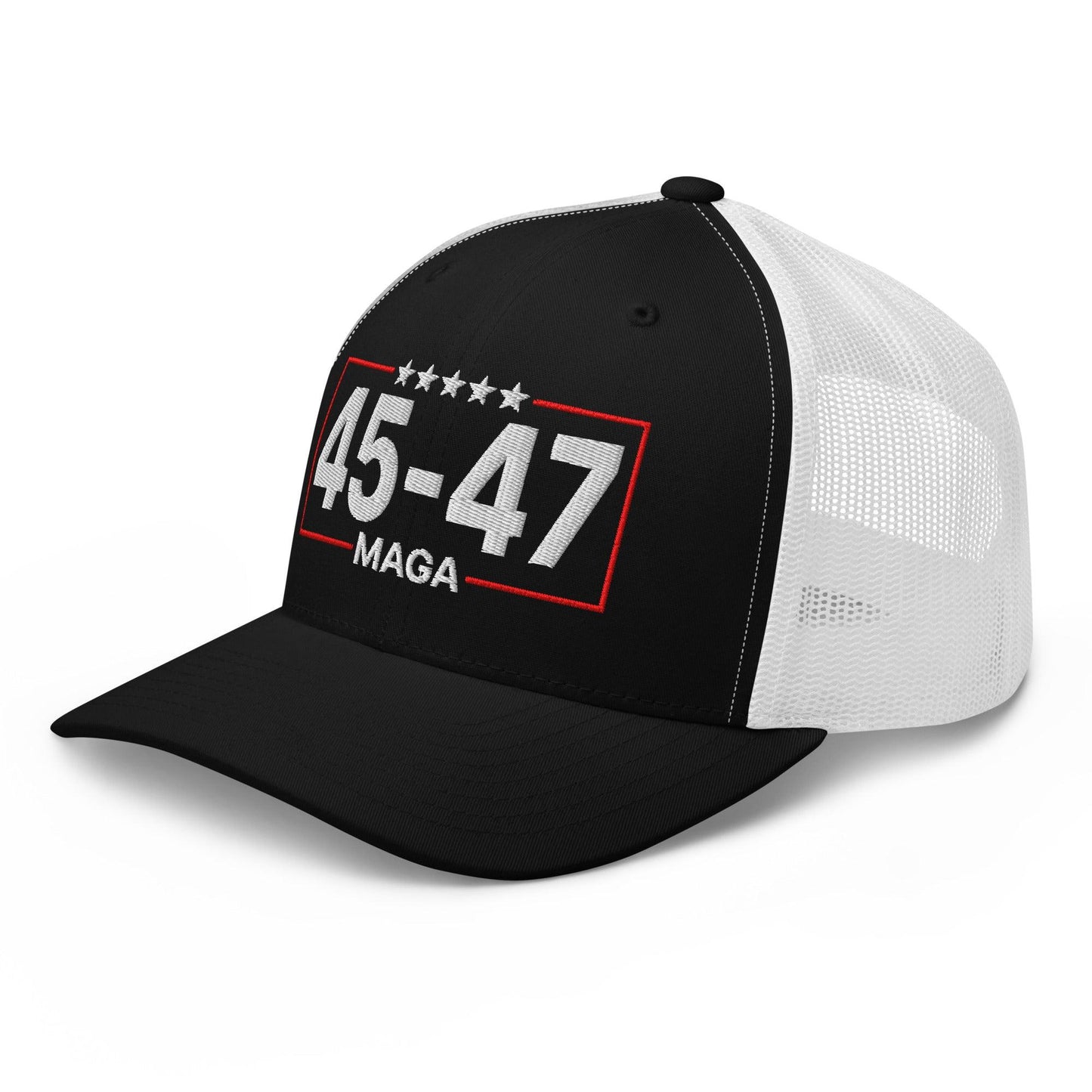 Trump 45-47 MAGA Embroidered Mesh Trucker Hat Black White