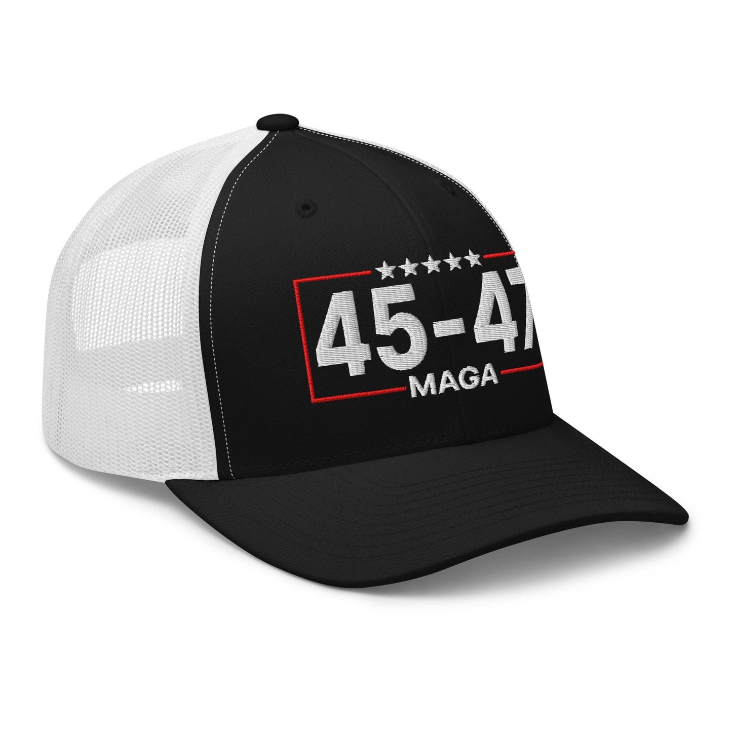 Trump 45-47 MAGA Embroidered Mesh Trucker Hat Black White