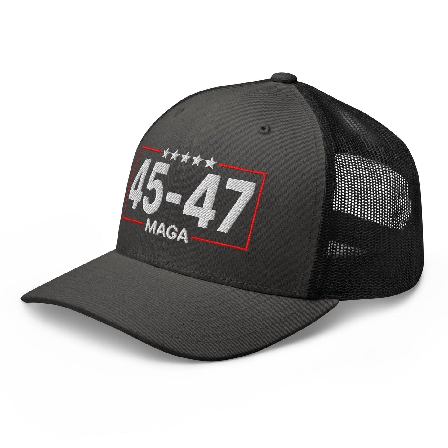 Trump 45-47 MAGA Embroidered Mesh Trucker Hat Charcoal Black