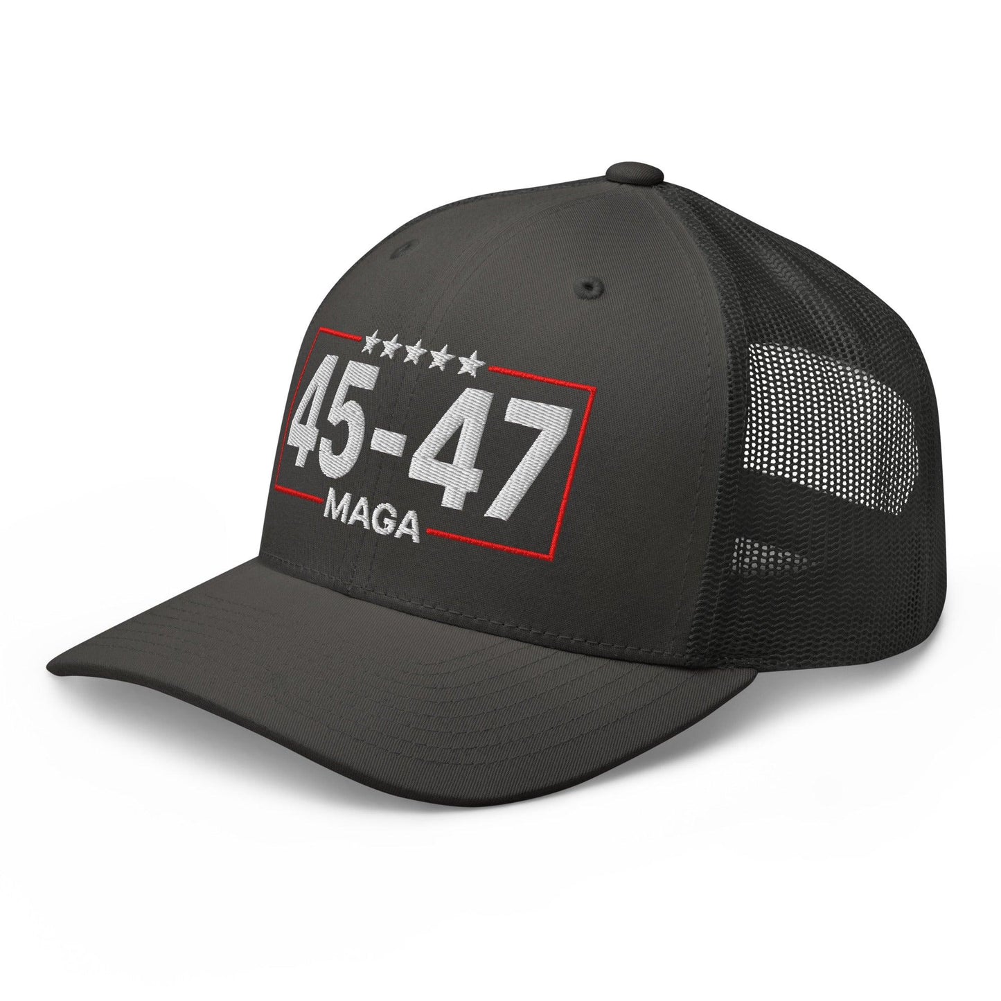 Trump 45-47 MAGA Embroidered Mesh Trucker Hat Charcoal