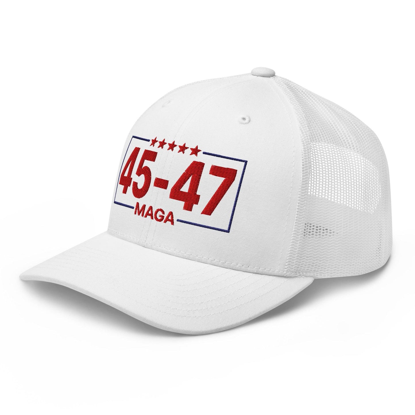 Trump 45-47 MAGA Embroidered Mesh Trucker Hat White