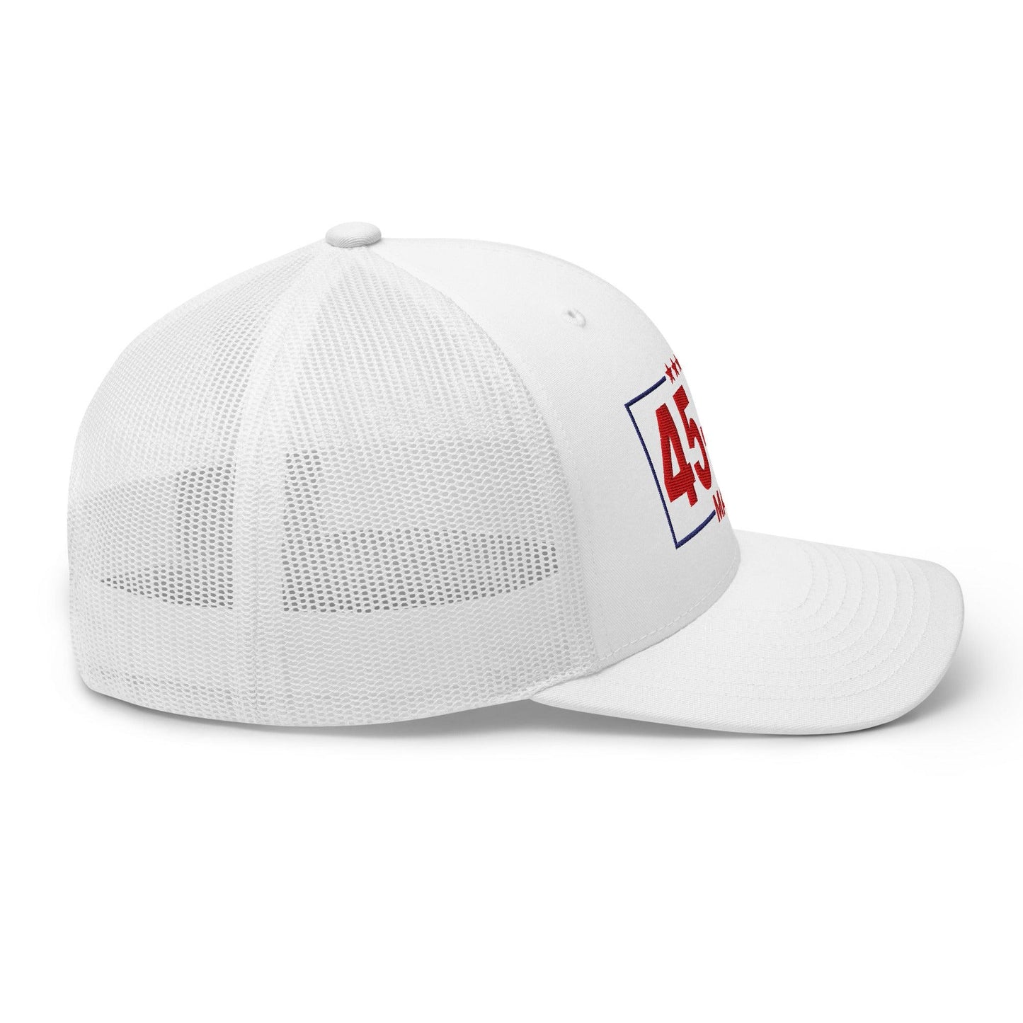 Trump 45-47 MAGA Embroidered Mesh Trucker Hat White