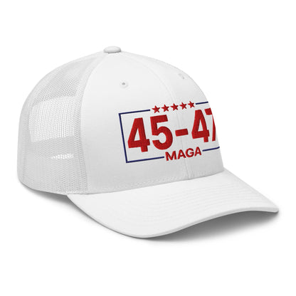 Trump 45-47 MAGA Embroidered Mesh Trucker Hat White