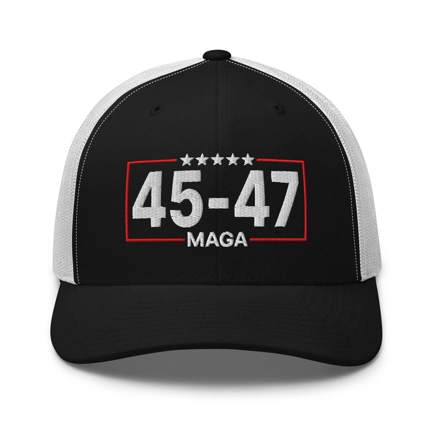 Trump 45-47 MAGA Embroidered Mesh Trucker Hat Black White