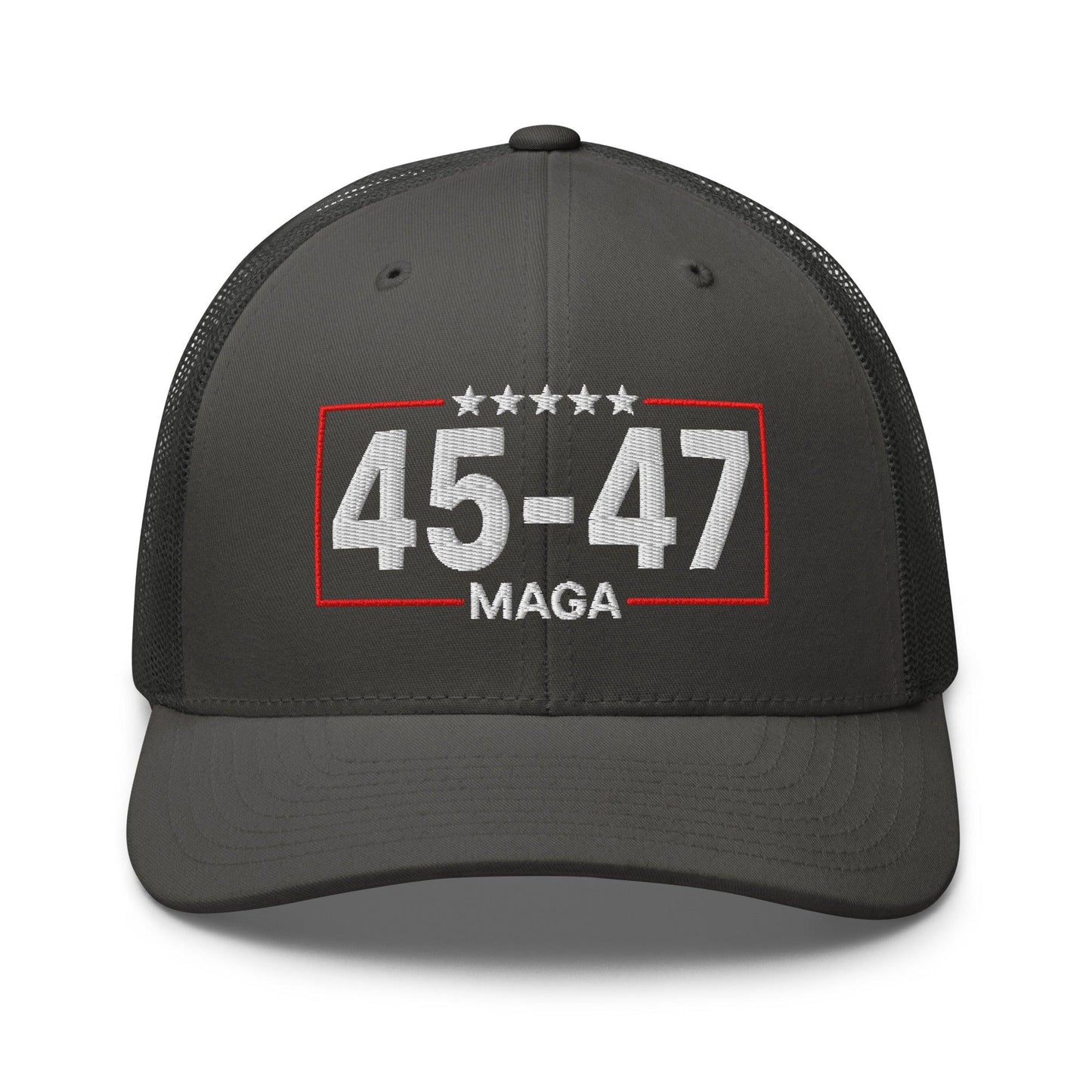 Trump 45-47 MAGA Embroidered Mesh Trucker Hat Charcoal