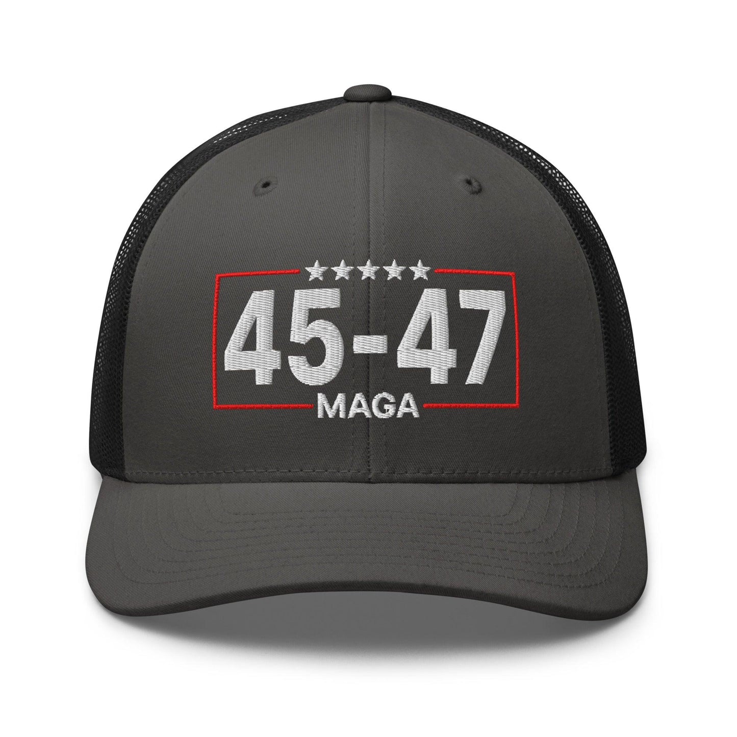 Trump 45-47 MAGA Embroidered Mesh Trucker Hat Charcoal Black