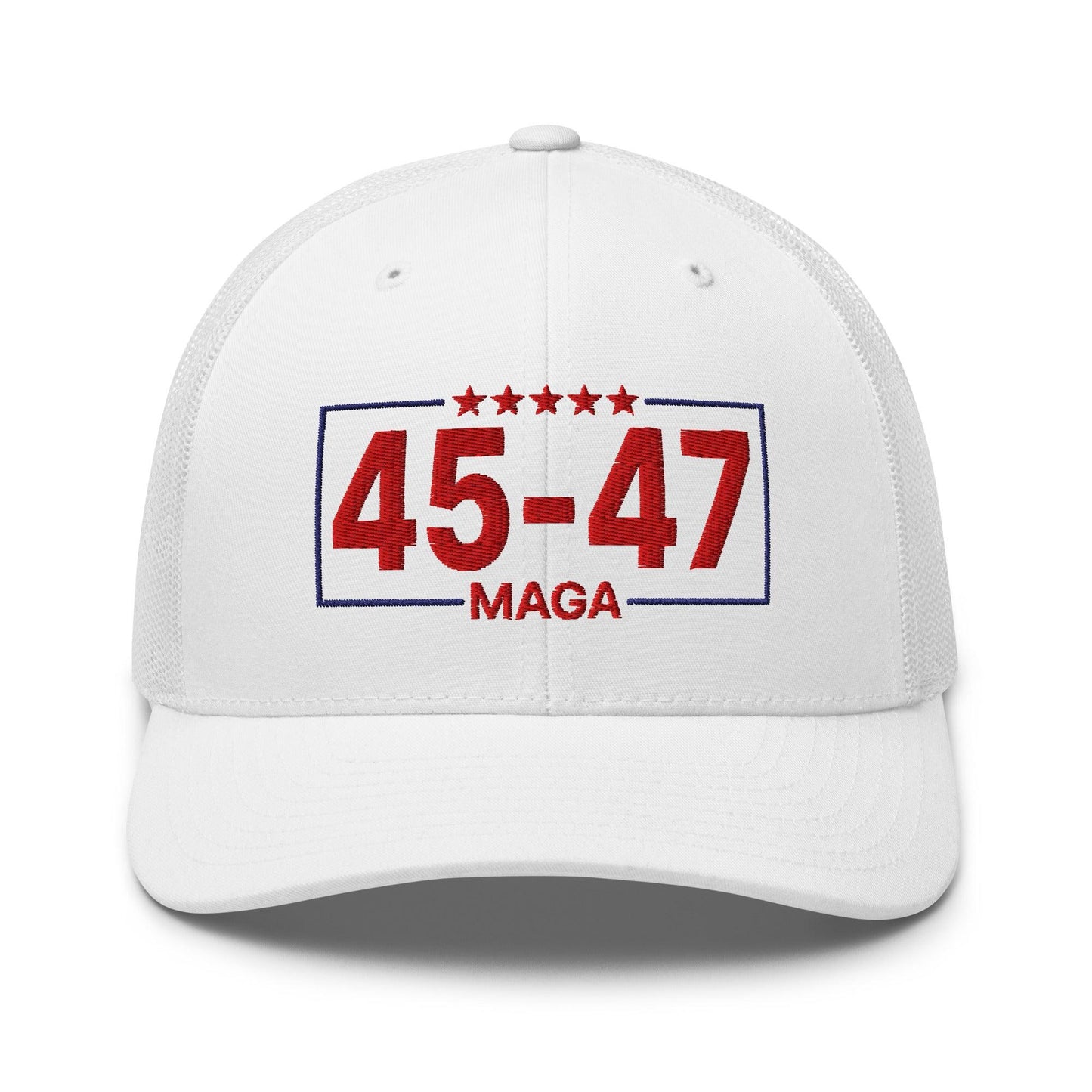 Trump 45-47 MAGA Embroidered Mesh Trucker Hat White